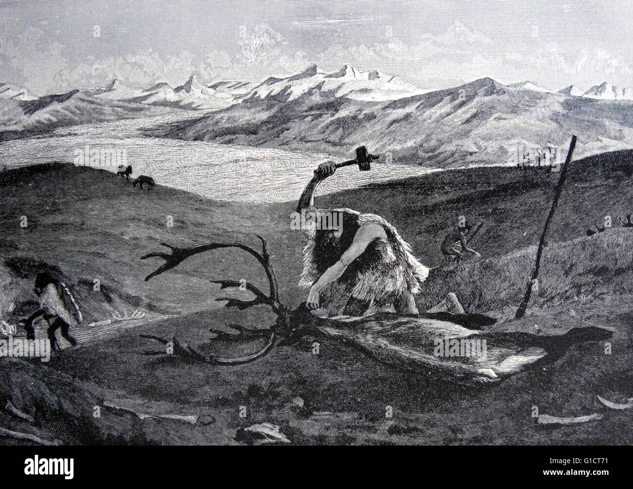Tableau représentant la chasse au renne sauvage dans l'âge de glace plus tard Banque D'Images