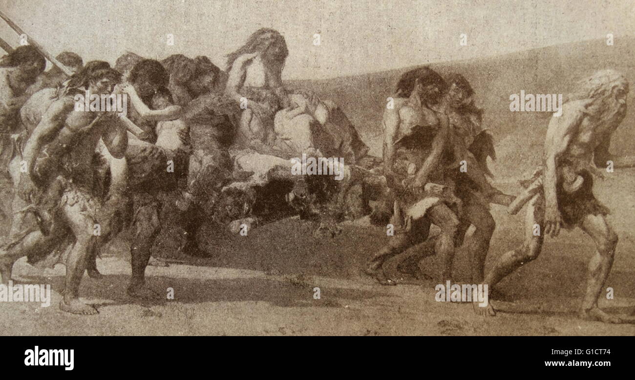 Tableau représentant la migration des tribus à l'époque préhistorique par Ferdinand Cormon (1845-1924) un peintre français. En date du 19e siècle Banque D'Images