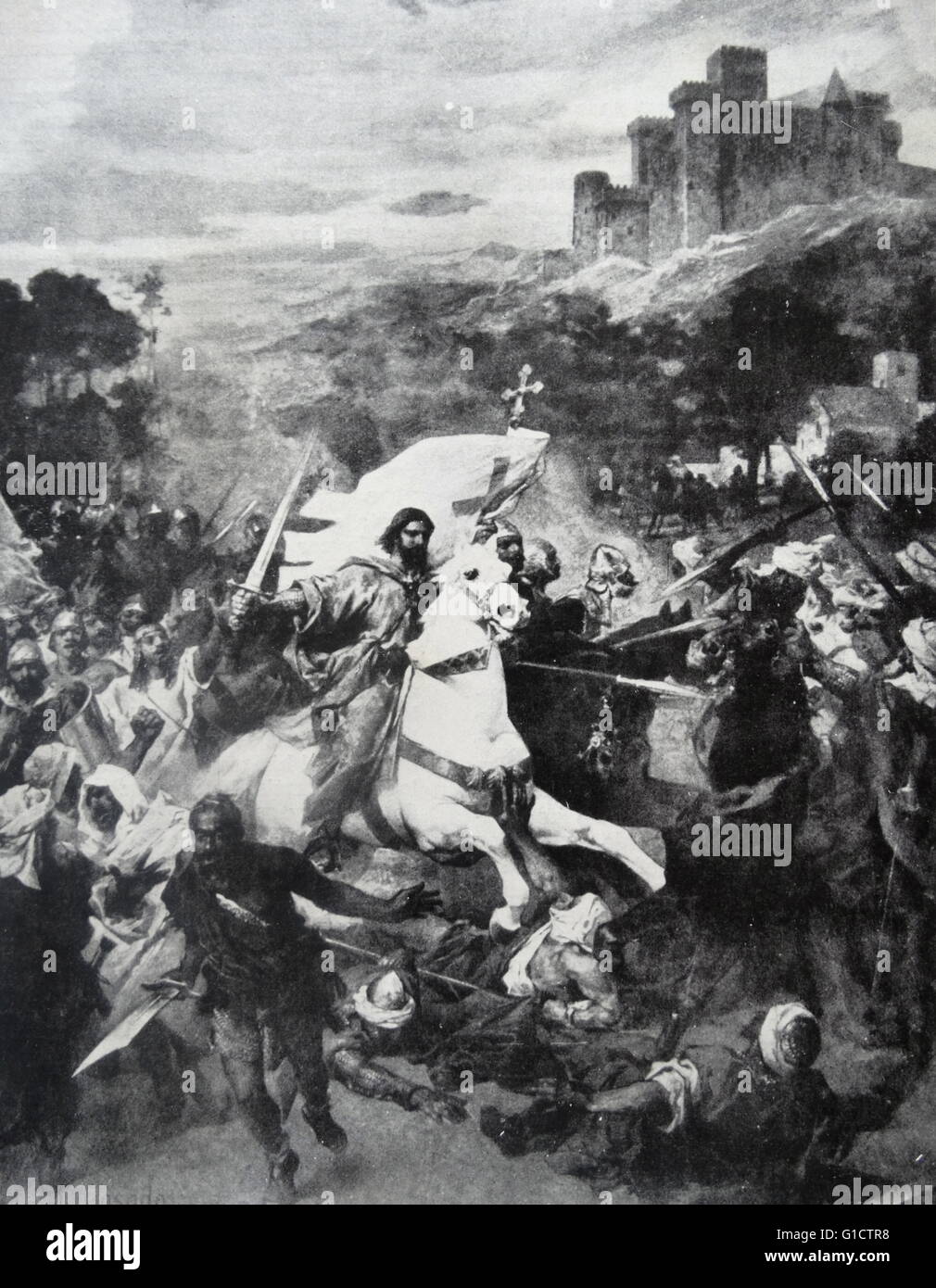 La bataille de Clavijo 8ème ANNONCE de siècle. Un conflit imaginaire qui est devenu un thème populaire des traditions espagnoles concernant l'expulsion des chrétiens musulmans. Banque D'Images