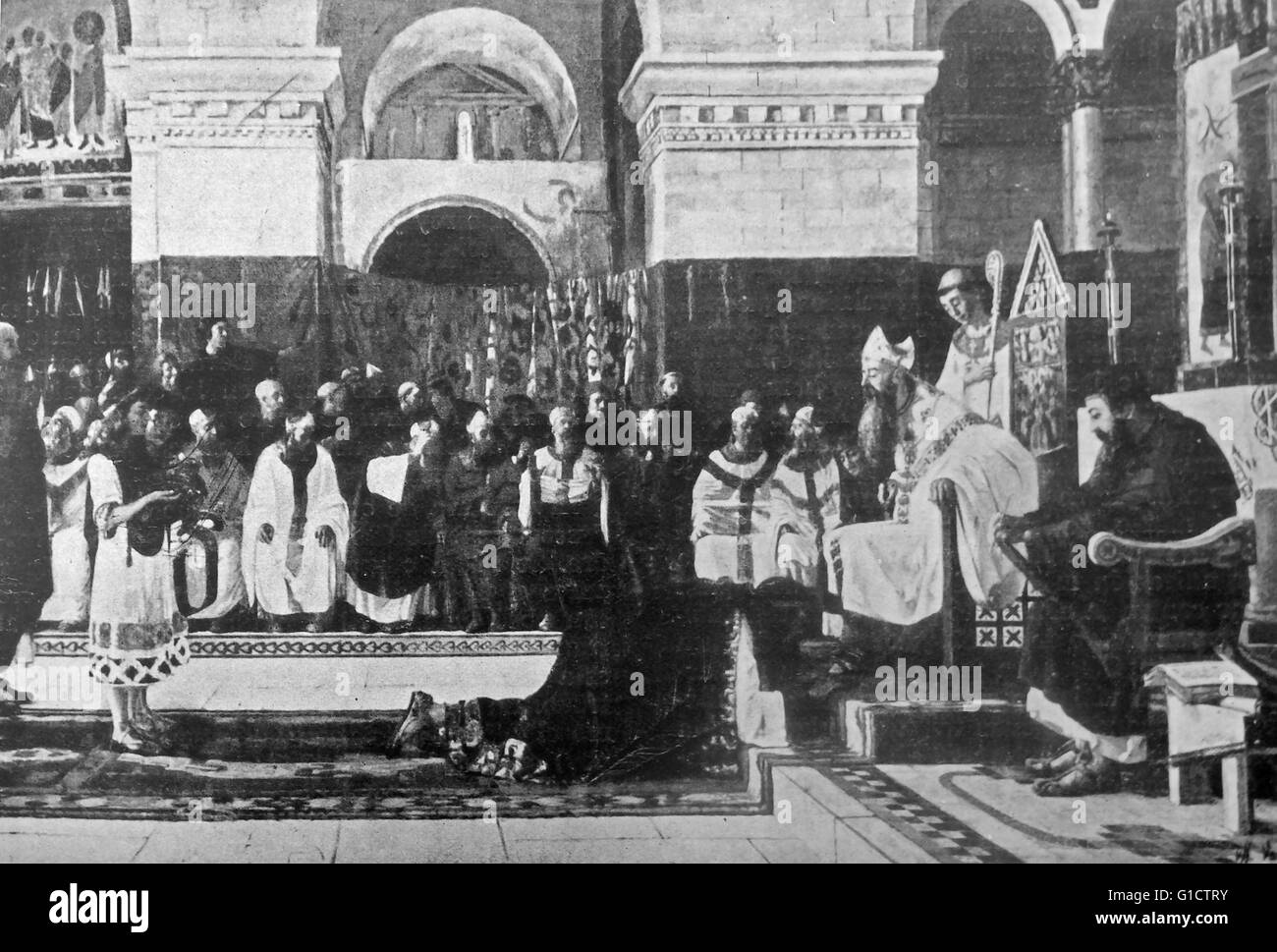 Le quatrième Concile de Tolède est produite en 633 à Tolède, Espagne Ad. Il a été tenu à l'église de Saint Leocadia à Tolède. sous la présidence de la noter Isidore de Séville ; le conseil de réglementation des questions de discipline ; a décrété l'uniformité de la liturgie tout au long du royaume wisigothique et a pris des mesures sévères contre les Juifs baptisés qui avaient rechuté dans leur ancienne foi. Banque D'Images