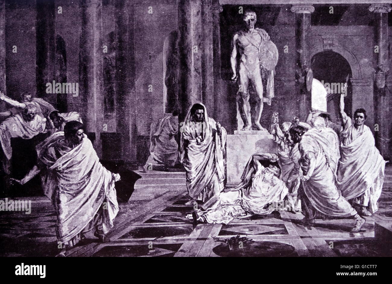 Assassinat de Jules César était un complot ourdi par les sénateurs romains ; dirigé par Gaius Cassius Longinus et Marcus Junius Brutus. Ils l'ont poignardé à mort de Jules César dans un emplacement à côté de la gare de Pompey sur les ides de mars (15 mars) ; 44 av. Banque D'Images