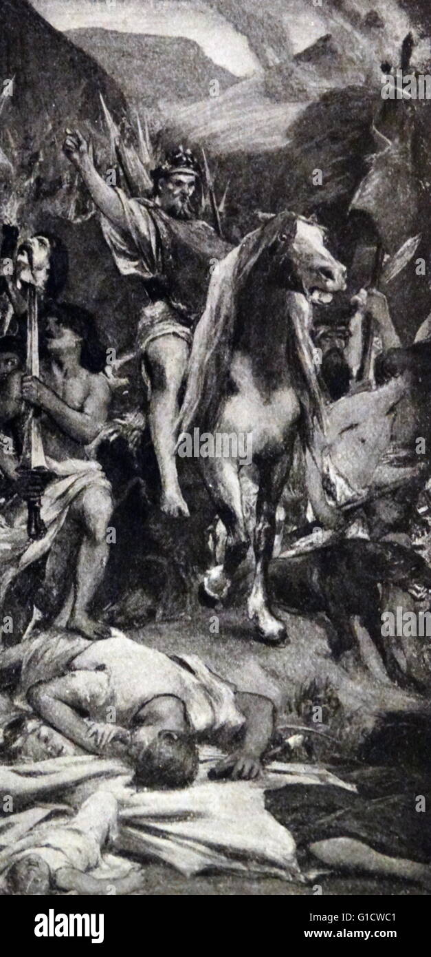 Impression d'une fresque sur Attila et son armée marche sur Paris par Jules-Élie Delaunay (1828-1891) un peintre académique français. En date du 19e siècle Banque D'Images