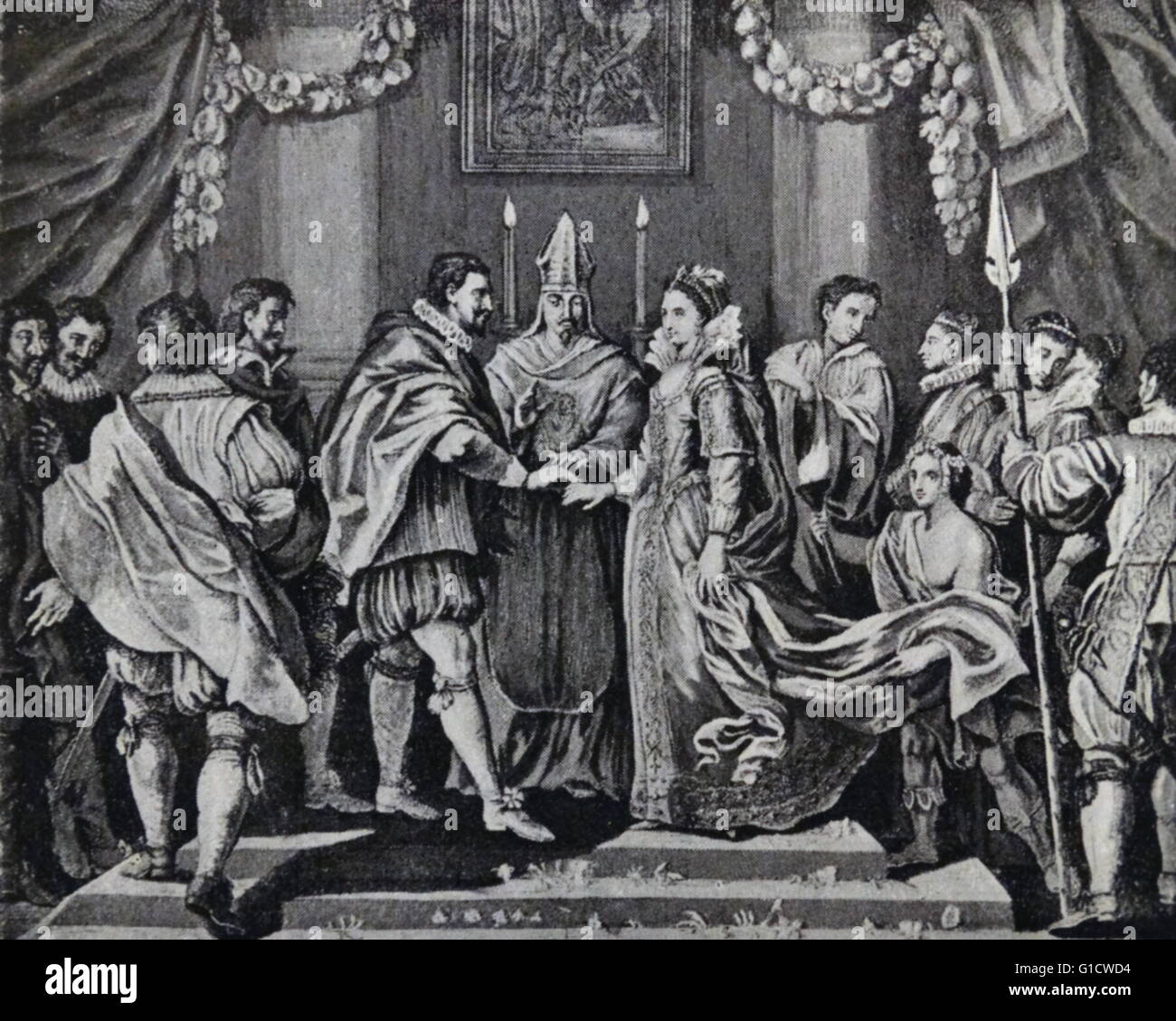 Gravure illustrant le mariage du Roi Charles I (1600-1649) et d'Henrietta Maria de France (1609-1669) Reine consort d'Angleterre, d'Écosse et d'Irlande. En date du 17e siècle Banque D'Images