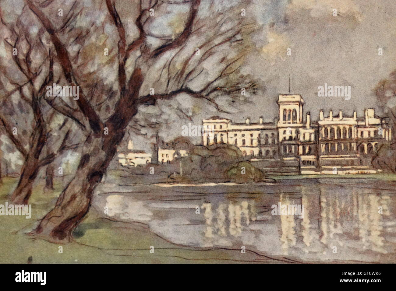 Croquis de couleur du Bureau des affaires étrangères et du Commonwealth depuis le parc de St James, Londres. En date du 20e siècle Banque D'Images