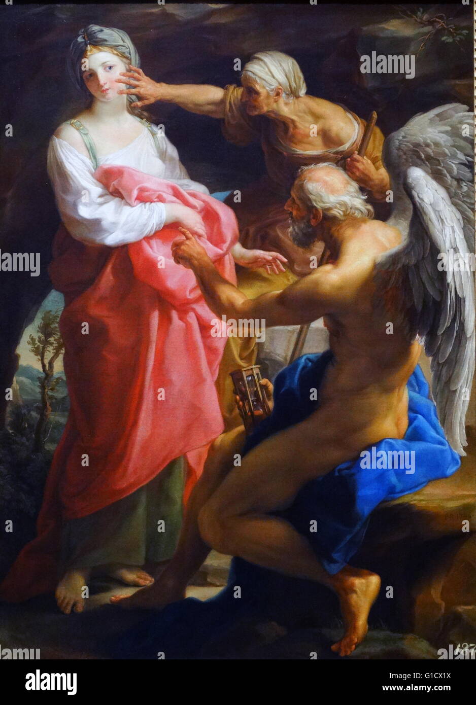 La peinture intitulée "Le temps de la vieillesse des ordres pour détruire Beauty' par Pompeo Girolamo Batoni (1708-1787) un peintre italien. En date du 18e siècle" Banque D'Images