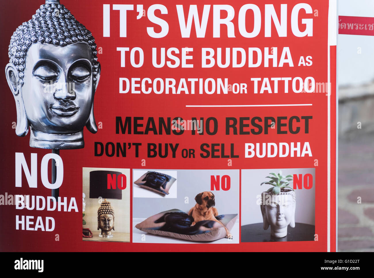 Demande à l'égard de l'affiche touristique et s'abstenir d'utiliser le Bouddhisme Bouddha comme décoration, Bangkok, Thaïlande Banque D'Images