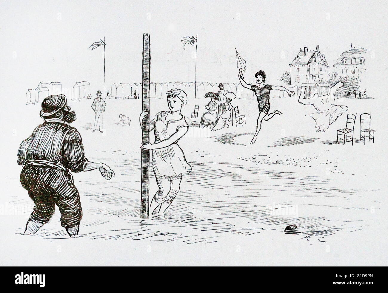 L'illustration montre le français les personnes bénéficiant de l'été sur le Trouville-sur-Mer beach. Une foule de personnes sont montrées jouant dans la mer, en date du 1877 Banque D'Images