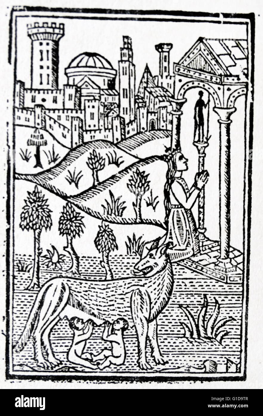 1500 Guide du pèlerin à Rome. Gravure sur bois représentant la mère de Rome, les fondateurs de Romulus et Remus (allaité par woolf), qu'elle prie vers Mars Banque D'Images