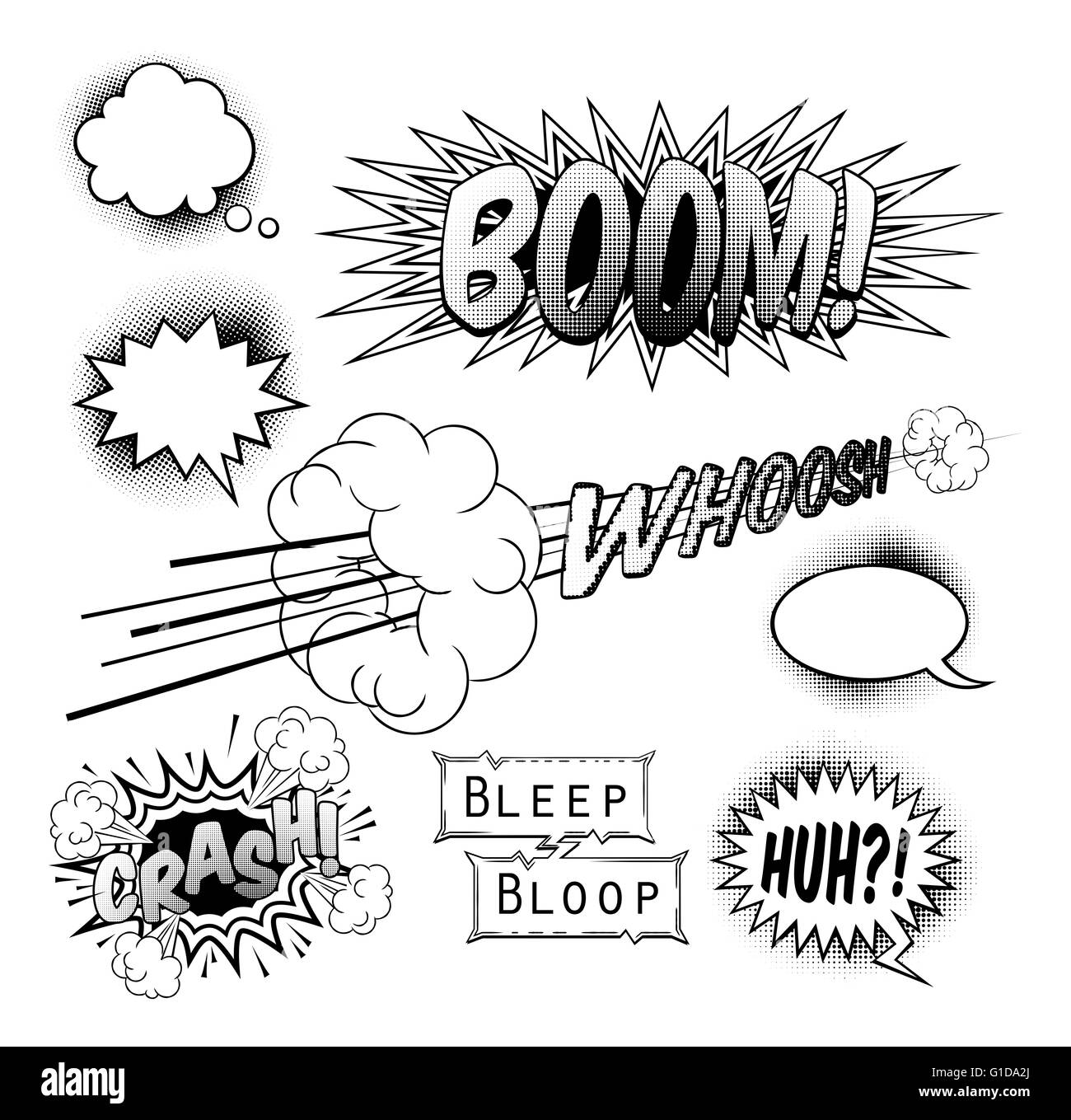 Une série de bande dessinée en noir et blanc le pop art, éléments de conception graphique et d'effets sonores bulles Banque D'Images Une série de bande dessinée en noir et blanc le pop art, éléments de conception graphique et d'effets sonores bulles Banque D'Images