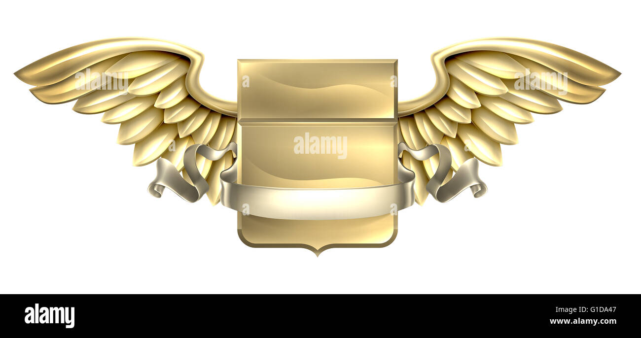 Une protection métallique à ailes héraldique héraldique blason de conception avec un défilement de bannières Banque D'Images