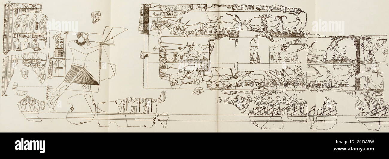 Scène de chasse, de l'Égypte ancienne ; cinquième dynastie, début 25e siècle avant J.-C.. Banque D'Images