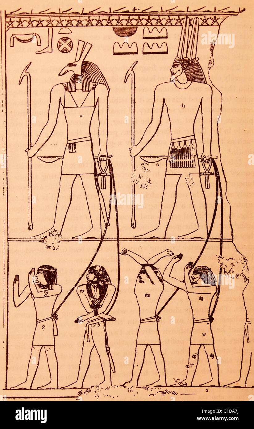 Dessin d'un temple égyptien représentant des dieux avec des captifs étrangers Banque D'Images