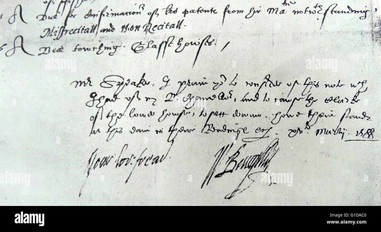 Lettre de William Cecil à Sir Thomas Snagge (1536-1593) Le président de la Chambre des communes 1588. William Cecil, 1er baron Burghley (parfois l'épeautre Burleigh) KG PC (13 septembre 1520 - 4 août 1598) était un homme d'État, le conseiller en chef de la reine Elizabeth Banque D'Images