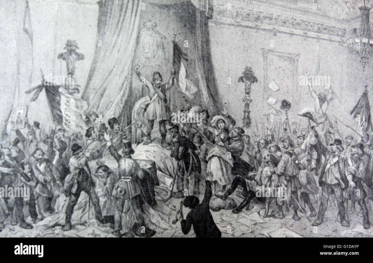 La révolution parisienne de 1848 : La foule dans la salle du trône des Tuileries. La scène de désordre et de chaos après le vol du Roi pendant la Révolution. Banque D'Images