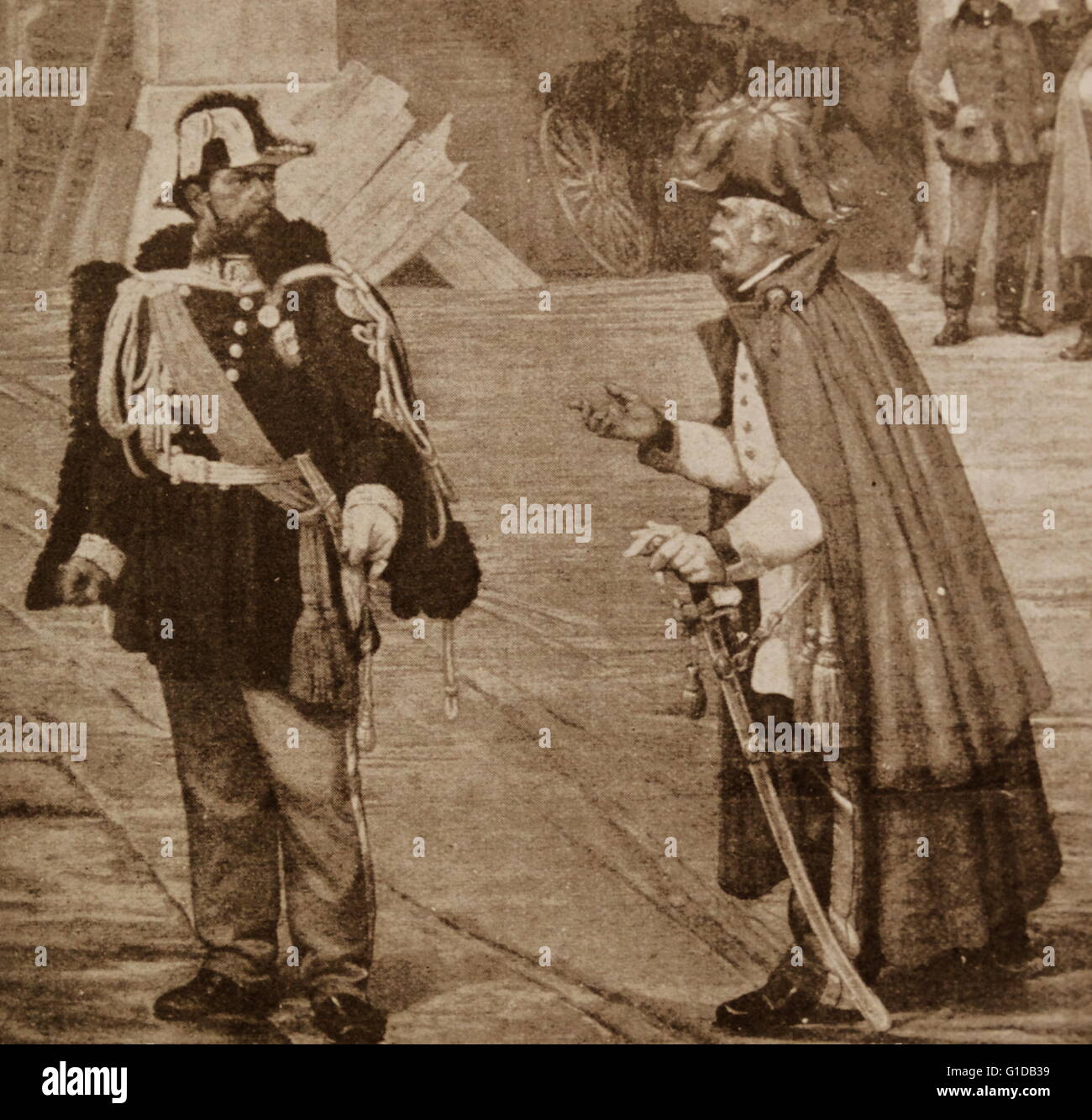 L'organisation de la paix : la réunion de Victor Emmanuel et Radetzky. Les deux dirigeants de l'Autriche et la Sardaigne s'est réuni pour convenir d'un armistice de paix. Banque D'Images