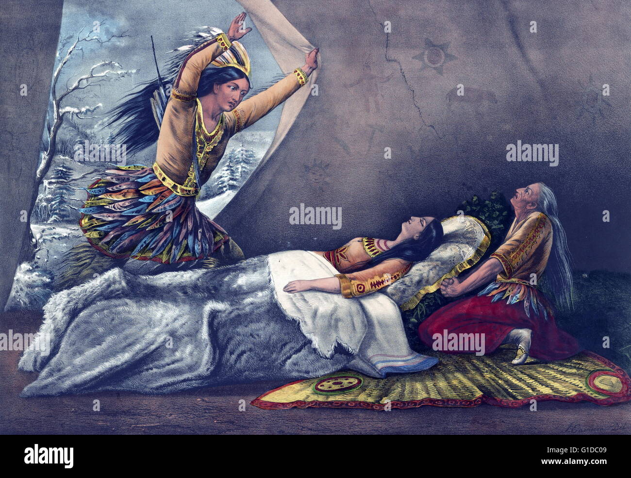 La mort de Minnehaha Illustration par Currier & Ives. 1867.est un personnage de Minnehaha Native American Woman documentés dans Henry Wadsworth Longfellow's 1855 poème épique le chant de Hiawatha Banque D'Images