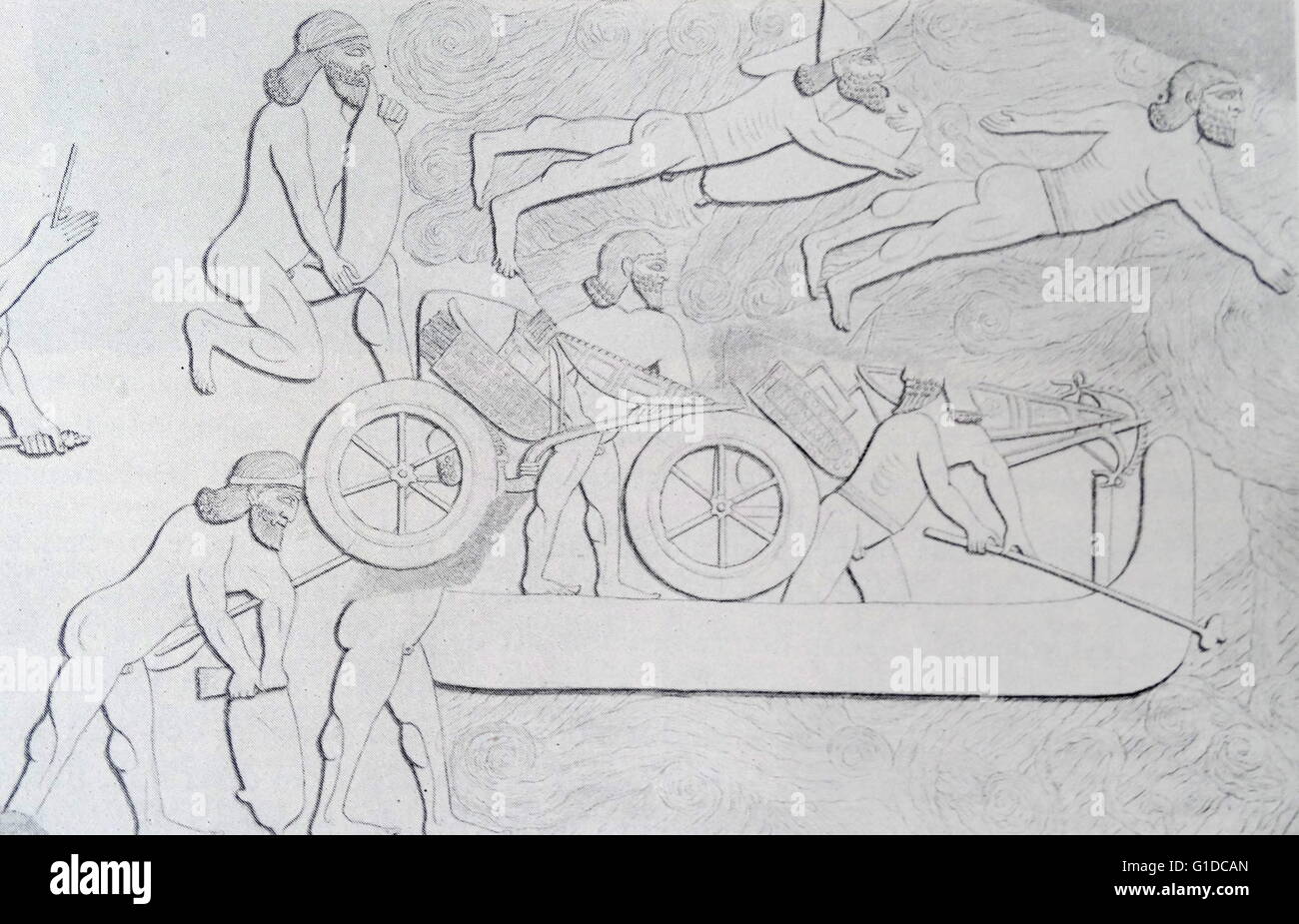 Impression d'une sculpture de secours de Ninive, représentant des soldats natation à travers une rivière sans le sida. Banque D'Images