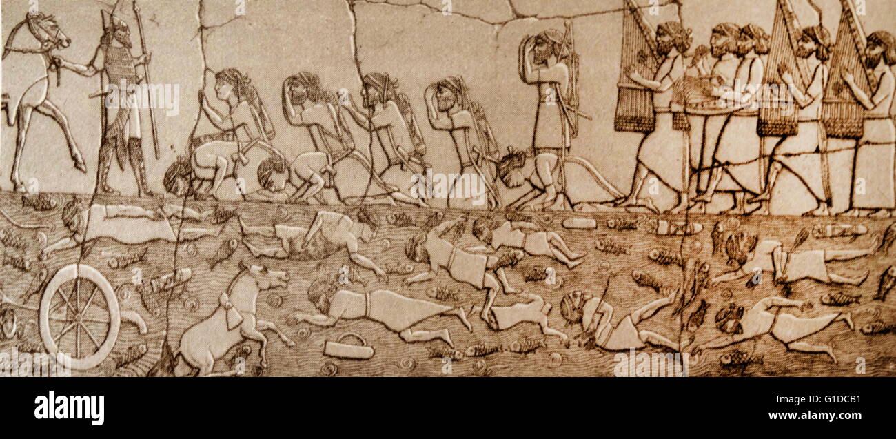 Impression d'une sculpture de secours de Ninive, illustrant la rétrocession des survivants d'une bataille. Banque D'Images
