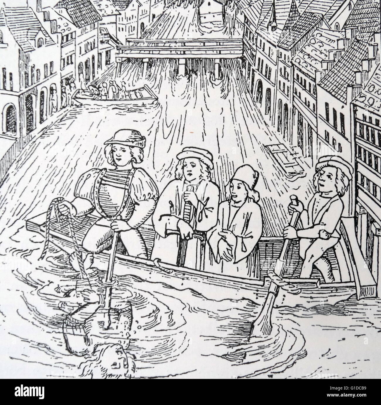 Gravure sur bois représentant la noyade comme forme de punition au cours de 15e siècle en Suisse. En date du 15e siècle Banque D'Images