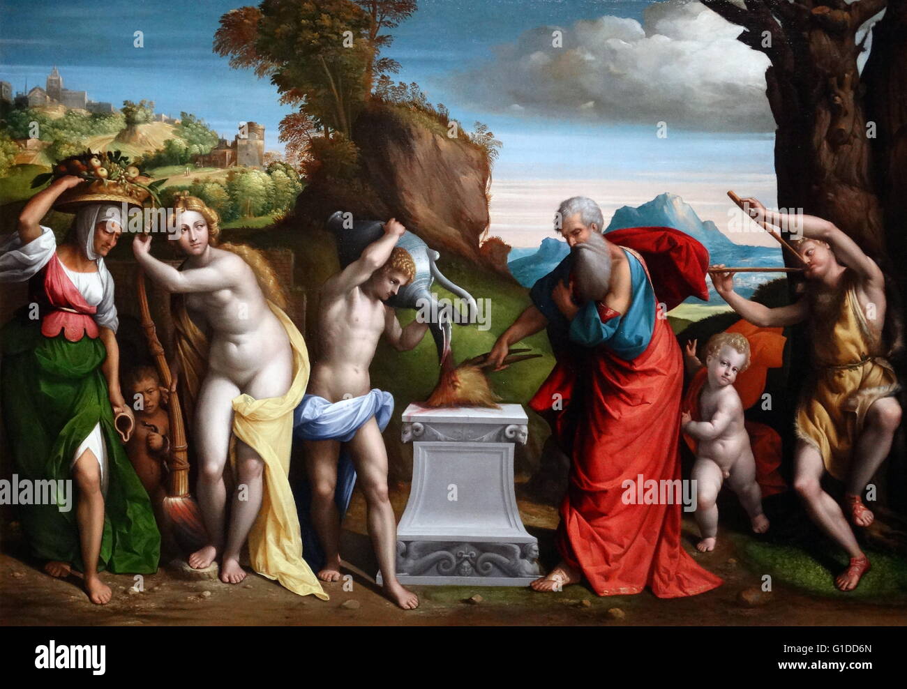 La peinture intitulée "Un sacrifice païen' par Benvenuto Tisi (1481-1559) un Late-Renaissance-peintre italien maniériste de l'École de Ferrare. En date du 16e siècle Banque D'Images