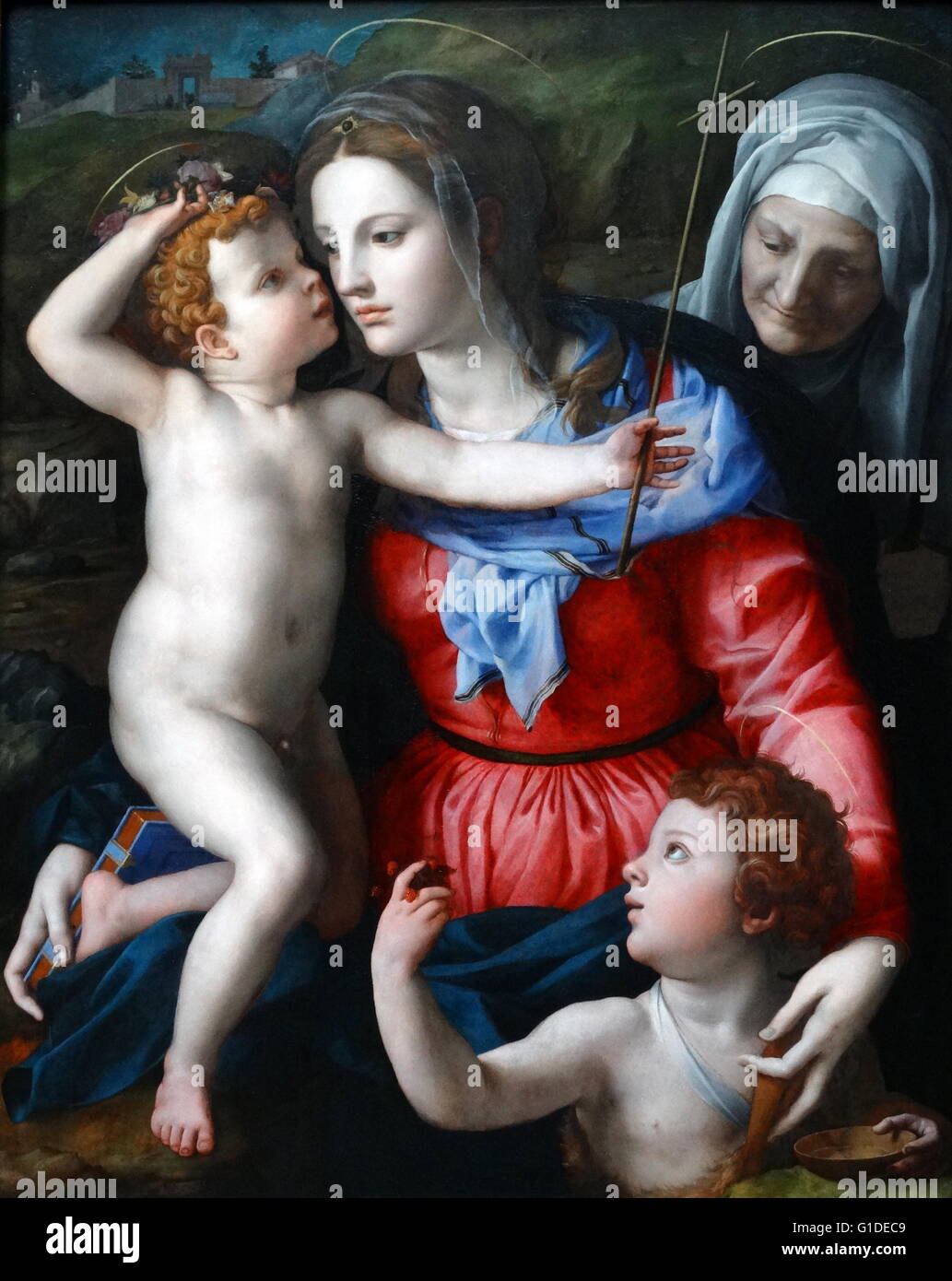 La peinture intitulée "La Madone et l'enfant avec les Saints" par Agnolo di Cosimo (1503-1572) un peintre maniériste florentin. En date du 16e siècle Banque D'Images