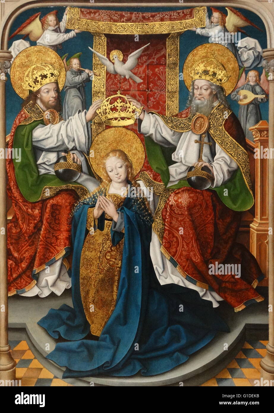 La peinture intitulée "Le couronnement de la Vierge" par Jan Baegert (1465-1527) peintre allemand au cours de la transition du Moyen-Âge aux Temps modernes. En date du 16e siècle Banque D'Images