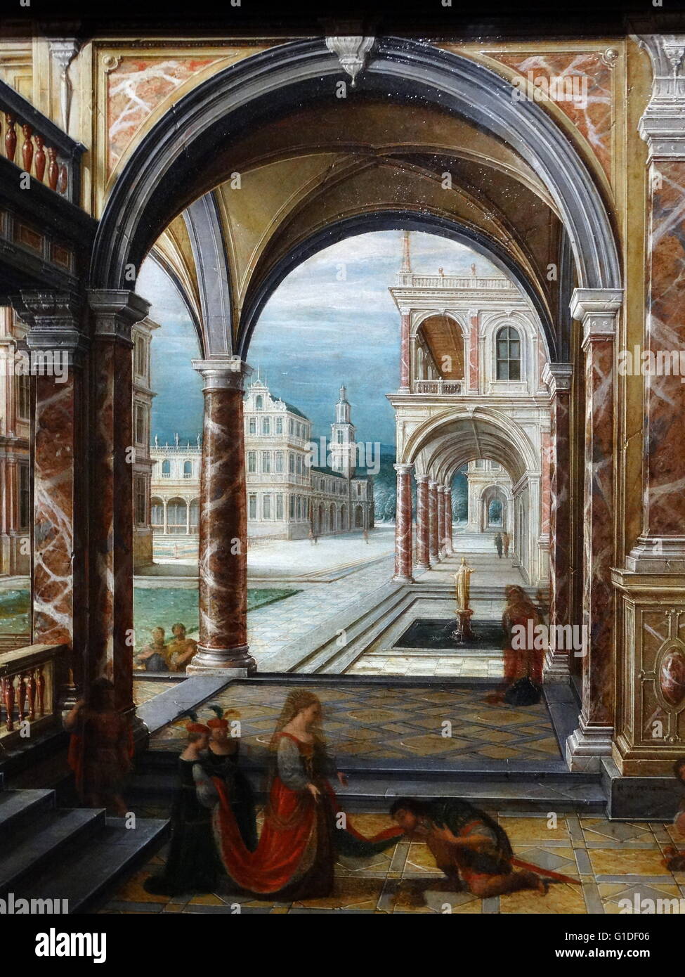 Détail de la peinture intitulée "La Cour d'un palais Renaissance' par Hendrik van Steenwijk II (1580-1649) un peintre baroque néerlandais principalement des intérieurs architecturaux. En date du 18e siècle Banque D'Images