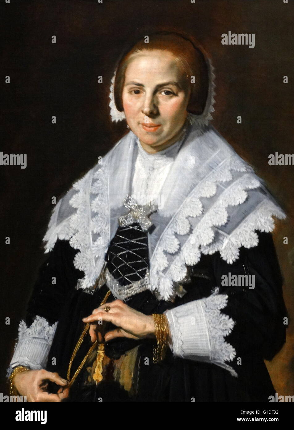 Portrait d'une femme avec un ventilateur par l'Aîné Frans Hals (1580- 1666) un peintre de portrait. En date du 17e siècle Banque D'Images