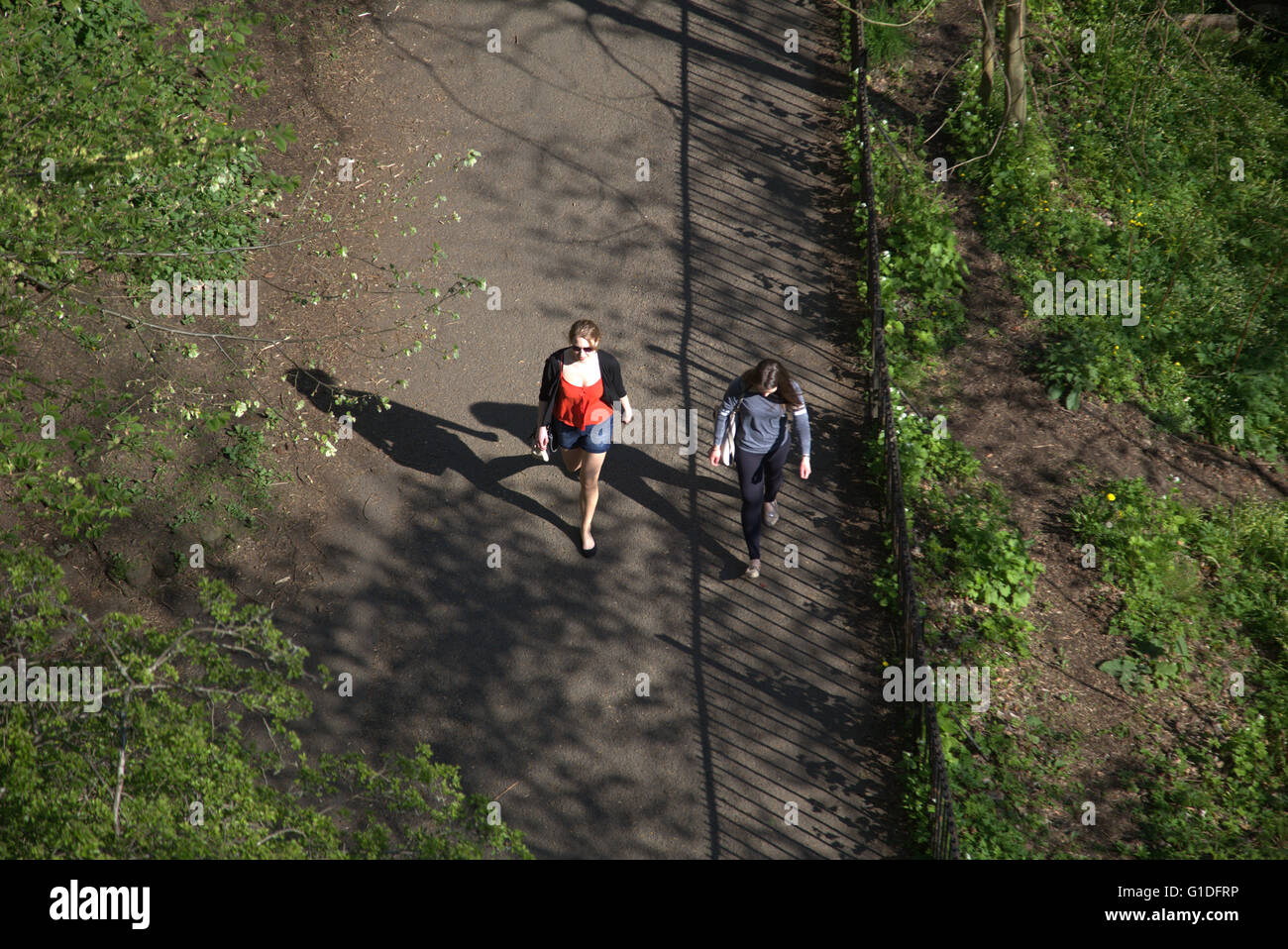 Deux de couple femme marche dans le parc Kelvingrove tourné à partir de ci-dessus, un jour ensoleillé, du parc Kelvingrove, Banque D'Images
