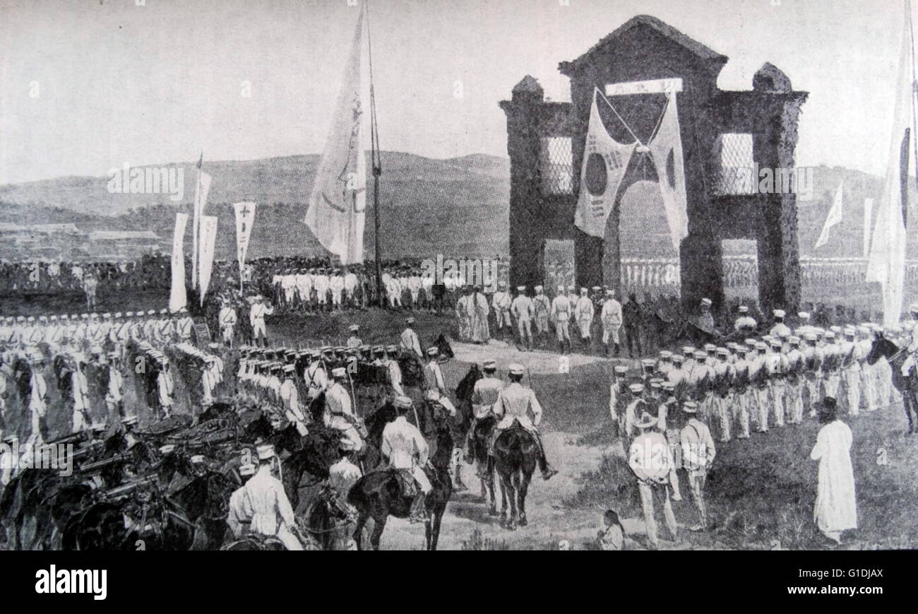 Les troupes japonaises victorieux à Asan, la Corée pendant la première guerre sino-japonaise 1894 Banque D'Images