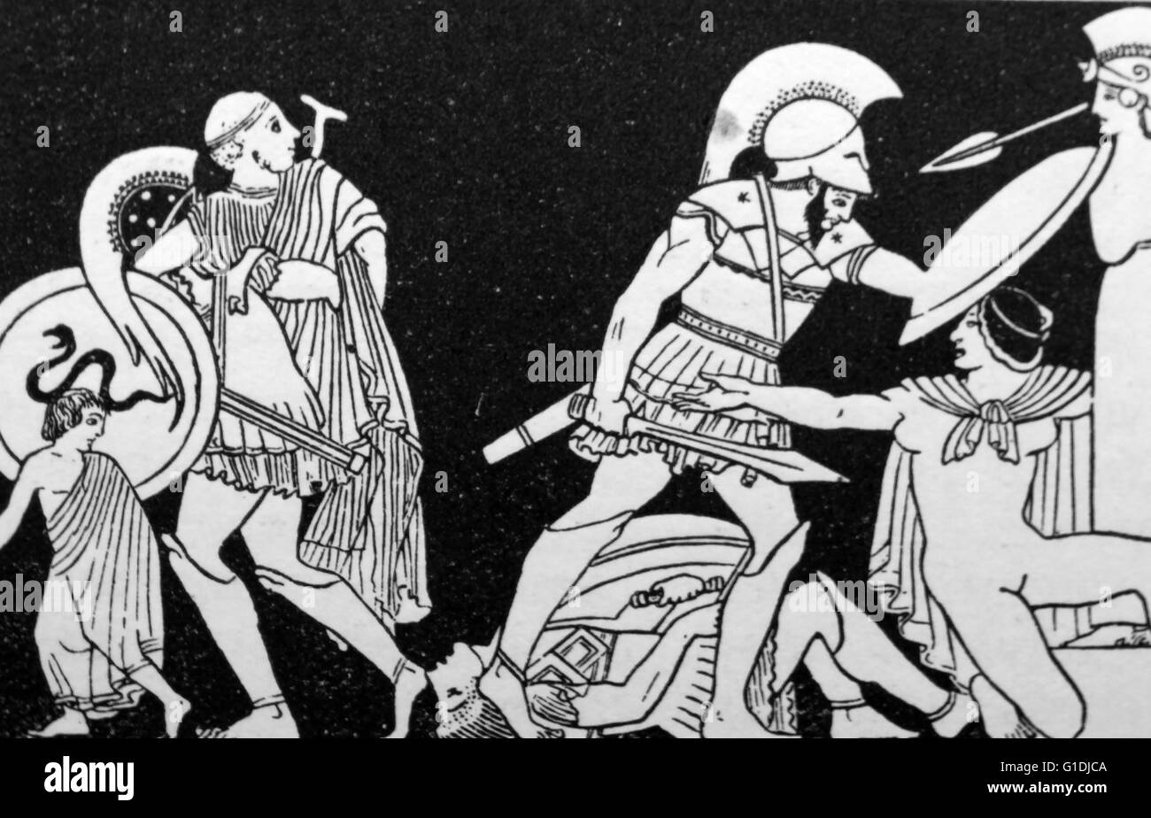 L'Enéide explique qu'Enée est l'un des rares chevaux de Troie qui n'avaient pas été tués ou esclaves quand Troie tomba. Énée, après avoir été ordonné par les dieux pour fuir, a réuni un groupe, connus collectivement sous le Aeneads, qui s'est ensuite rendu à l'Italie et est devenu progéniteurs de romains Banque D'Images