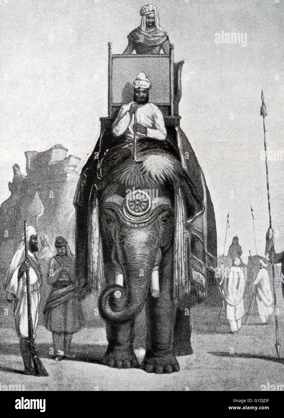 Illustration représentant un Rajah indien à cheval sur un éléphant c1860. Banque D'Images