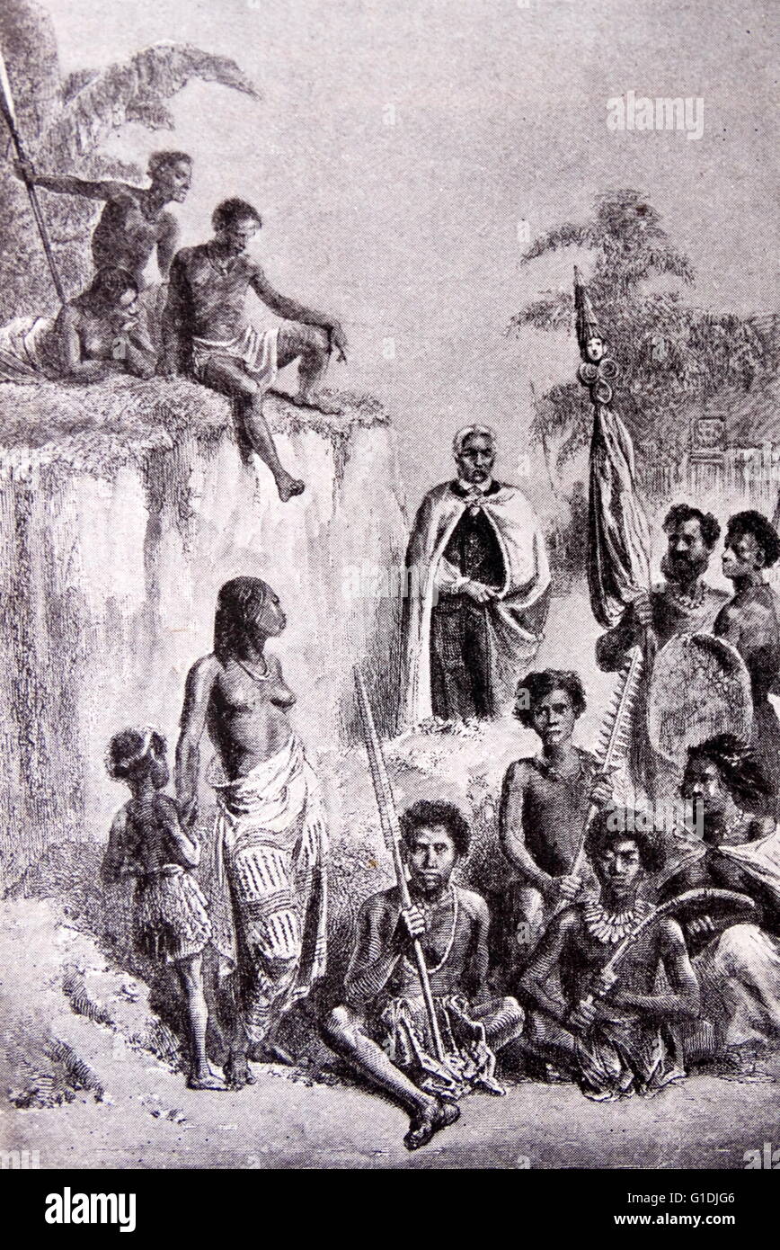Le Roi Kamehameha I et un groupe de guerriers d'Hawaï en 1815. Banque D'Images