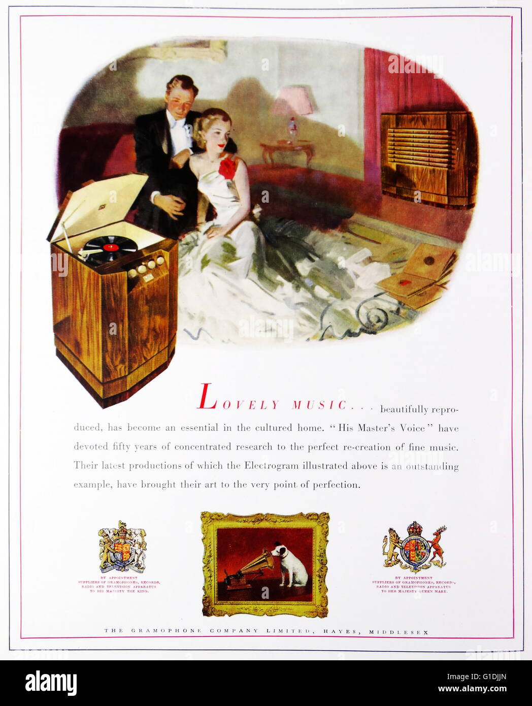Publicité pour la voix de son Maître - Le Gramophone Company Limited. Banque D'Images