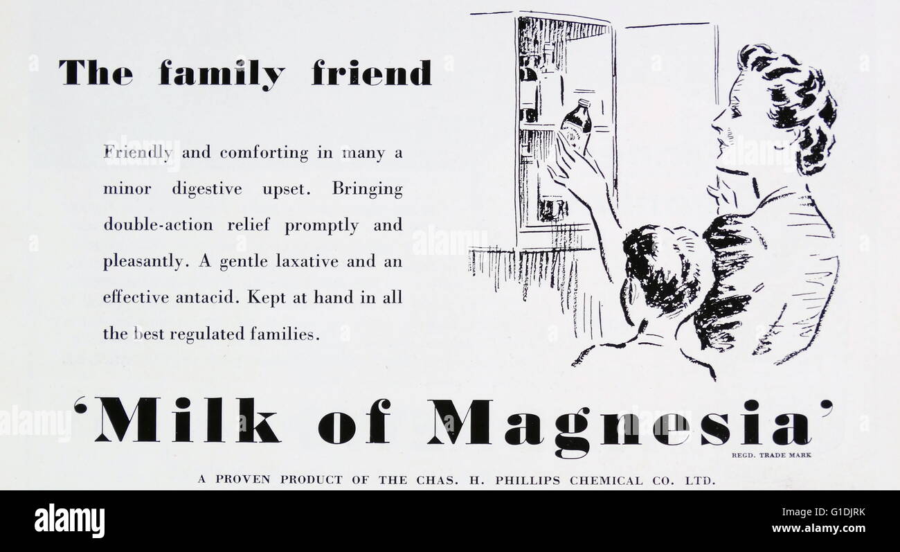 Publicité pour le lait de magnésie, une suspension blanche de carbonate de magnésium hydraté dans l'eau, utilisée comme un anti-acide ou laxatif. Banque D'Images