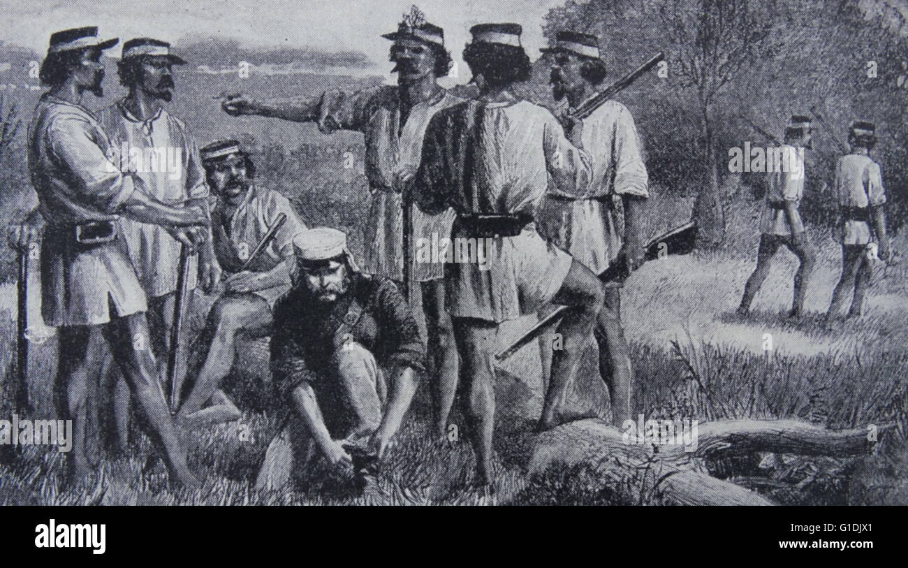 Illustration du début des colons britanniques dans le Queensland (policiers  de la préparation pour l'engagement à l'encontre des aborigènes  d'Australie). En date du 1860 Photo Stock - Alamy