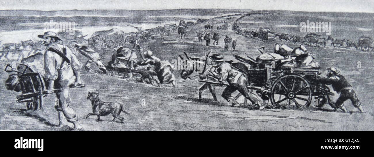 Pionniers traversant le paysage australien pendant la ruée vers l'or de 1851. Banque D'Images