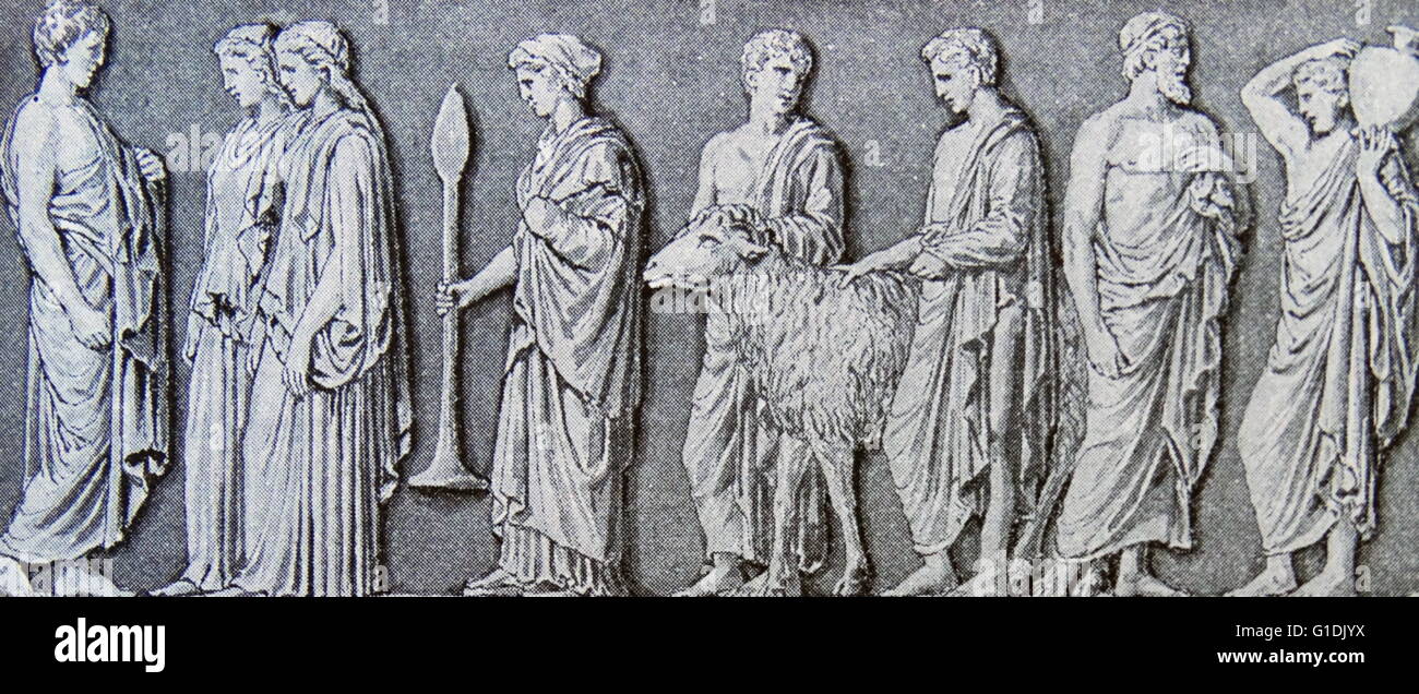 Illustration représentant une frise grecque montrant les hommes et les femmes sur leur façon de sacrifier un bélier dans un temple c4th siècle av. Banque D'Images