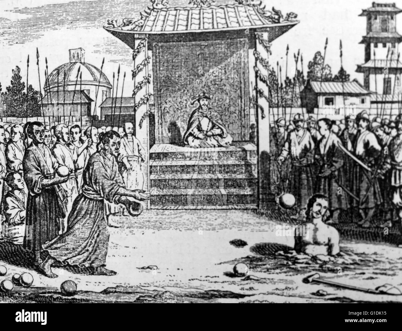 Illustration représentant une exécution barbare d'un usurpateur par ordre de Maravarman Rajasimha I, un des premiers rois Pandyan. En date du 8e siècle Banque D'Images