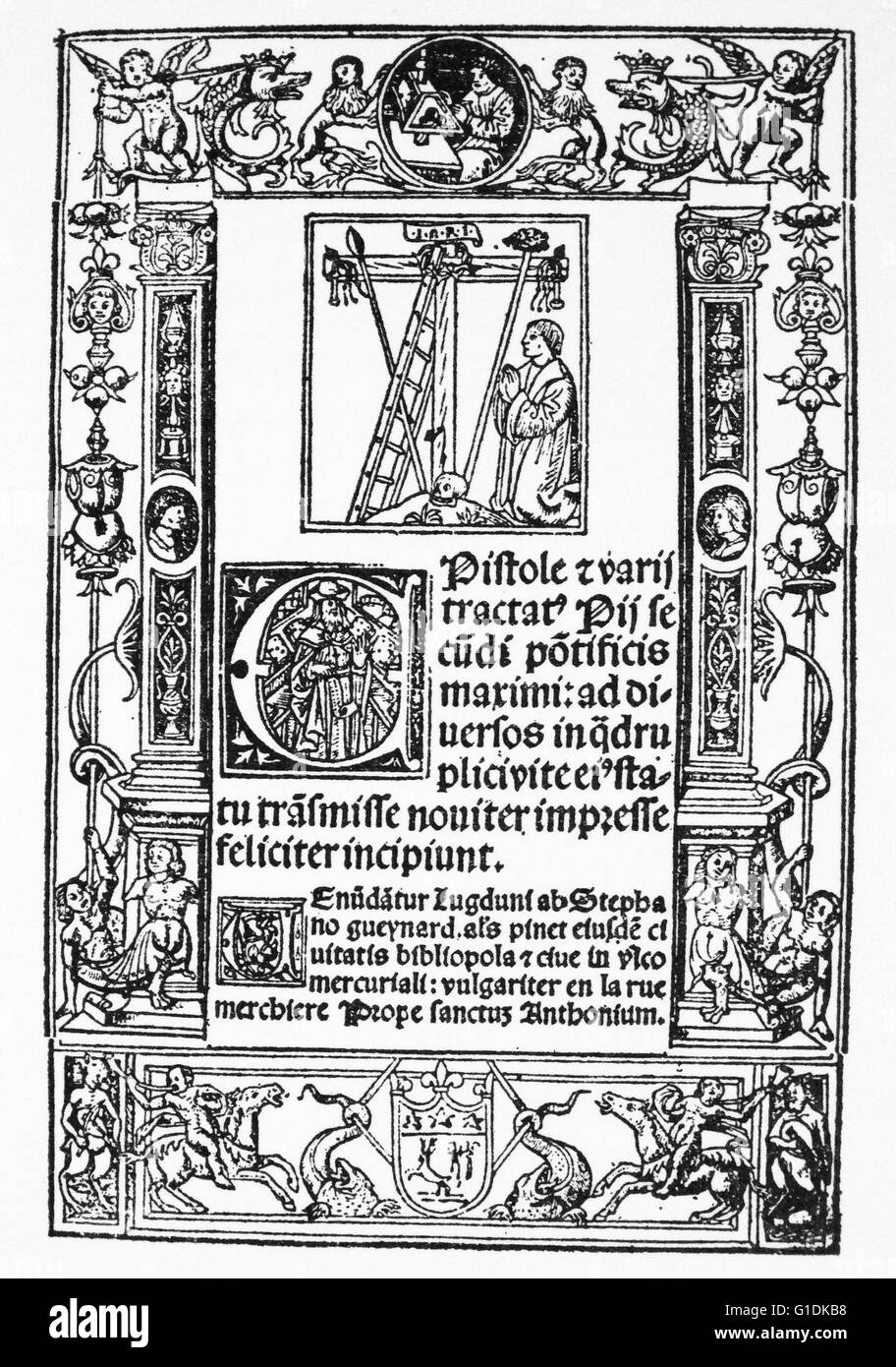 Décorées page d'une édition des œuvres du Pape Pie II (1405-1464) Banque D'Images