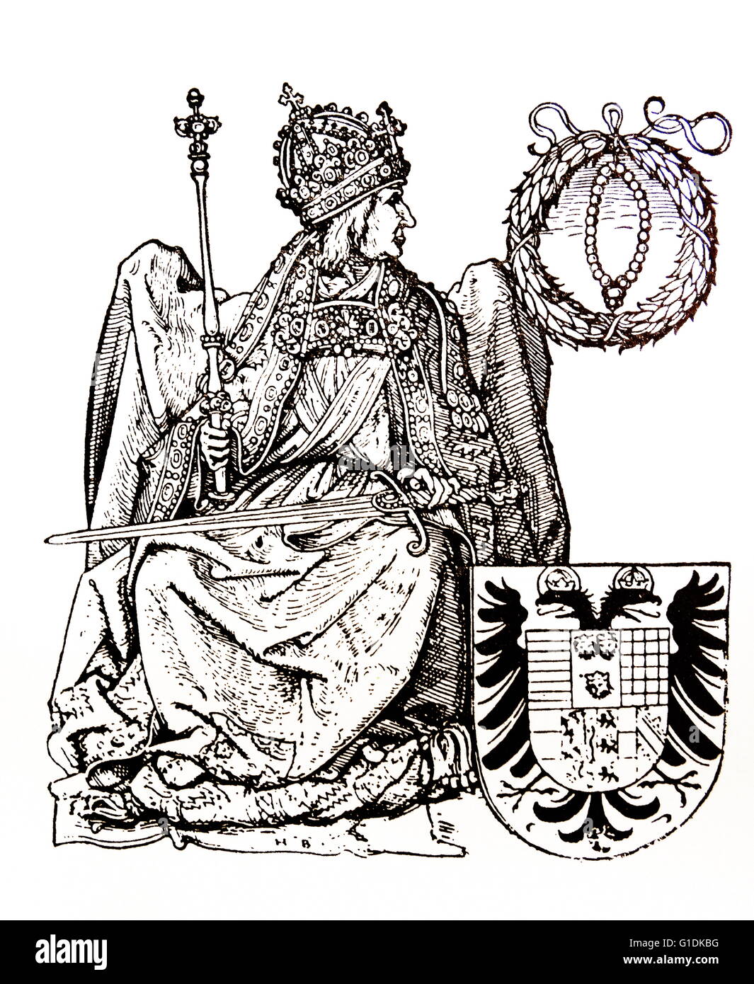 Gravure sur bois représentant Frederick II, Saint Empereur Romain par Hans Burgkmair l'ancien (1473-1531) un peintre et graveur sur bois Banque D'Images