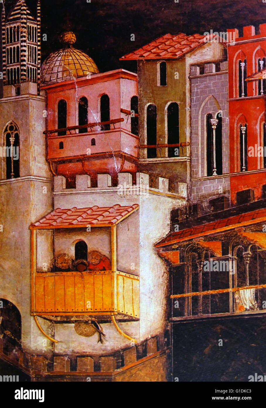 La peinture intitulée 'L'hirondelle en vertu de l'Altana' par Ambrogio Lorenzetti (1290-1348) peintre italien de l'école siennoise. En date du 14e siècle Banque D'Images