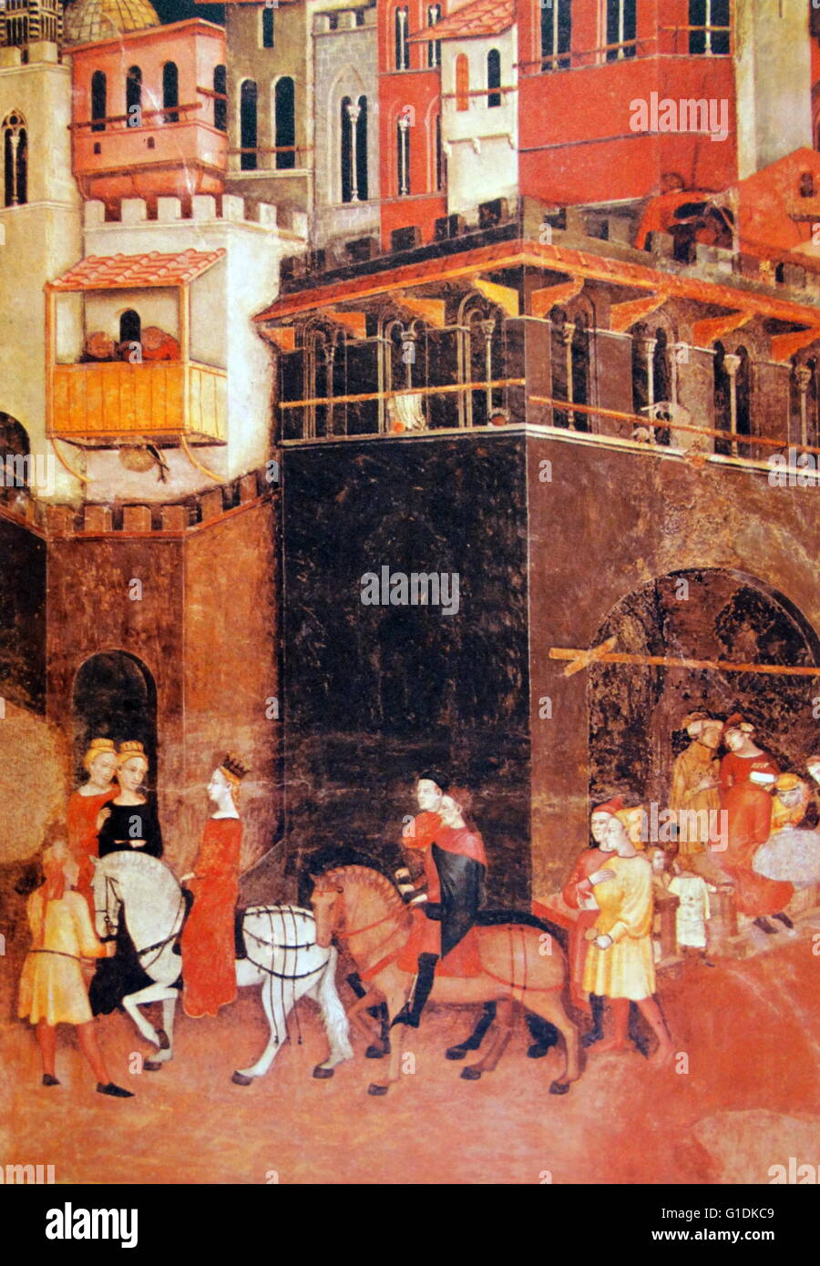 La peinture intitulée 'Ride dans la ville' par Ambrogio Lorenzetti (1290-1348) peintre italien de l'école siennoise. En date du 14e siècle Banque D'Images