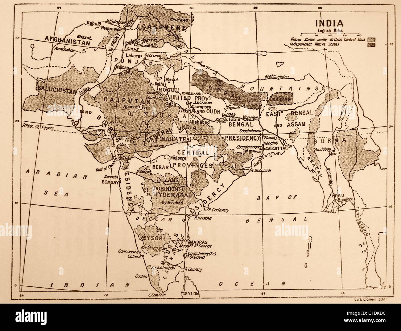 Carte montrant le contrôle britannique sur l'Inde. En date du 19e siècle Banque D'Images