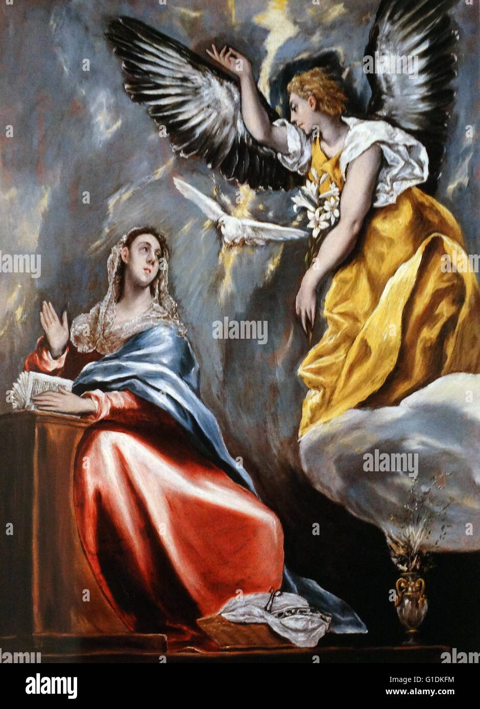 Tableau représentant le 'Annonciation' la fête chrétienne de l'annonce par l'ange Gabriel à la Vierge Marie qu'elle allait concevoir et de devenir la Mère de Jésus, le Fils de Dieu, marquant son Incarnation. Par El Greco Banque D'Images