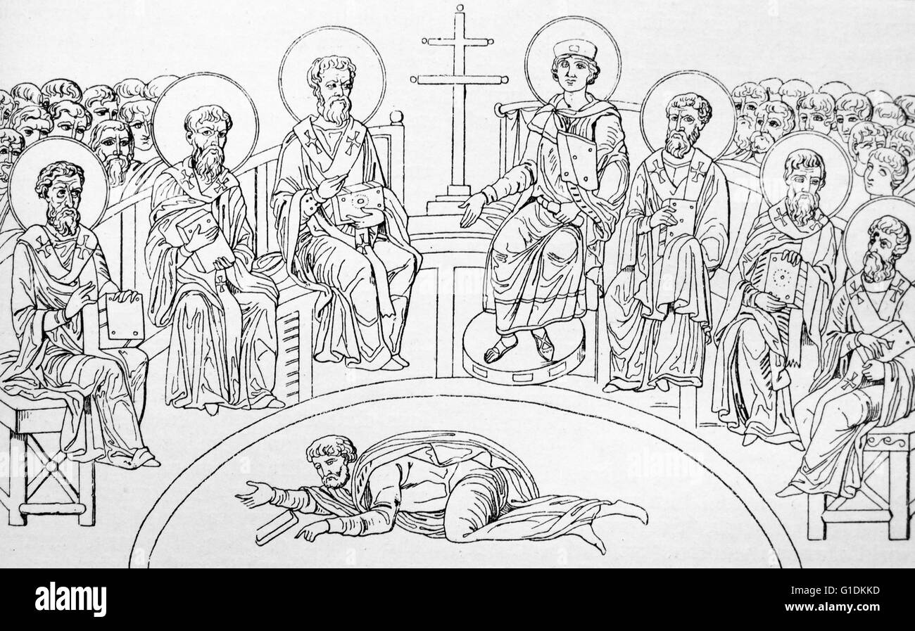 Gravure représentant le Concile de Nicée en 787, qui a établi le culte des images. En date du 8e siècle Banque D'Images