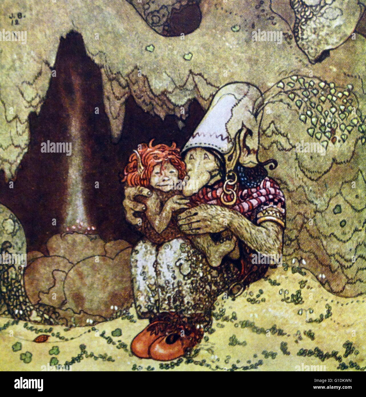 Illustration couleur de Humpe et sa mère de l'Agence suédoise de Folklore et de conte de fées livre 'entre les gnomes et les Trolls'. Par John Bauer (1882-1918) un peintre suédois et l'illustrateur. En date du 20e siècle Banque D'Images