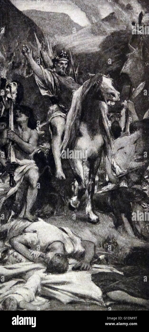 Impression d'une fresque sur Attila et son armée marche sur Paris par Jules-Élie Delaunay (1828-1891) un peintre académique français. En date du 19e siècle Banque D'Images