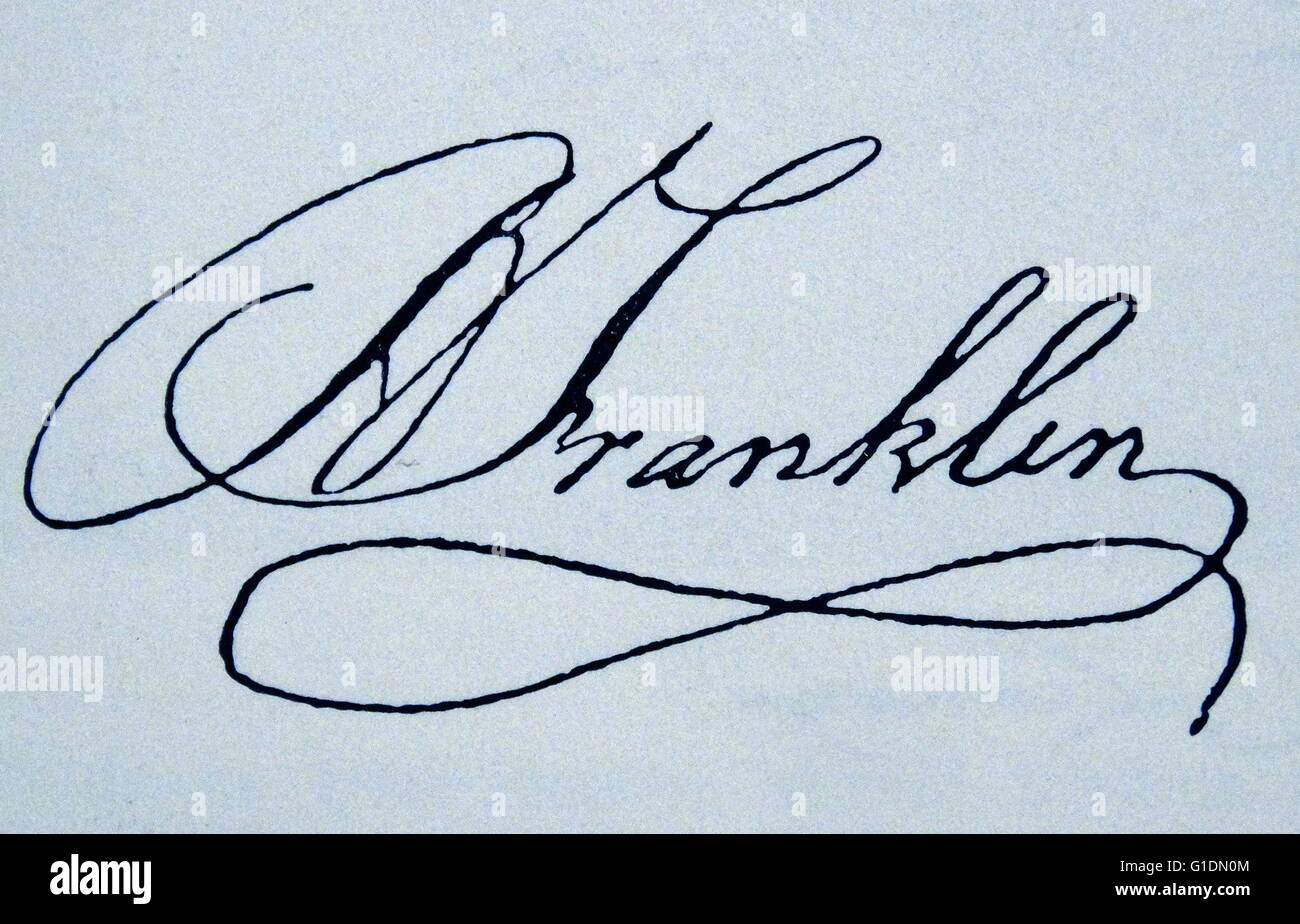 La signature de Benjamin Franklin (1706-1790) est l'un des pères fondateurs des États-Unis, un grand penseur, l'auteur, de l'imprimante, le théoricien politique, homme politique, franc-maçon, ministre des Postes, scientifique, inventeur, activiste civique, homme d'État et diplomate. En date du 18e siècle Banque D'Images