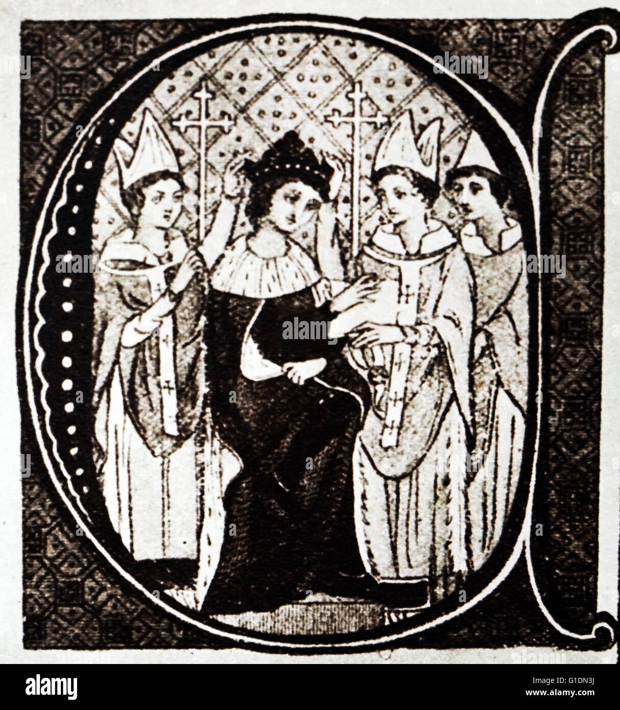 Une initiale historiée représentant le couronnement du roi Édouard I (1239-1307) de l'Angleterre. En date du 13e siècle Banque D'Images